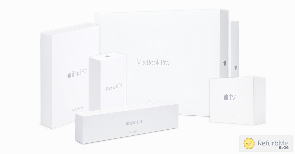 Apple devices in white boxes