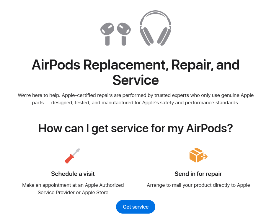 AirPods Replacement, Repair, and Service site screenshot