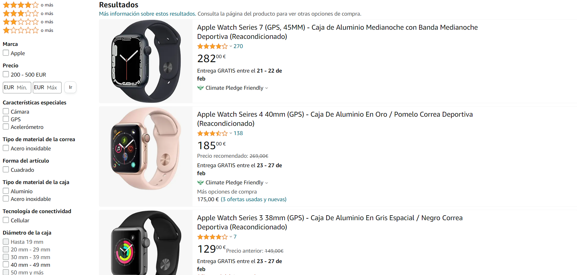Captura de pantalla de Amazon Renewed con Apple Watches reacondicionados