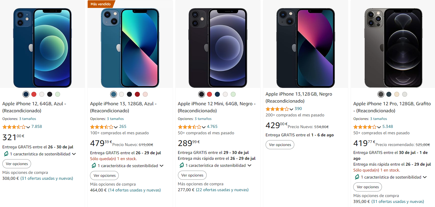 Captura de pantalla de iPhones reacondicionados en Amazon Renewed