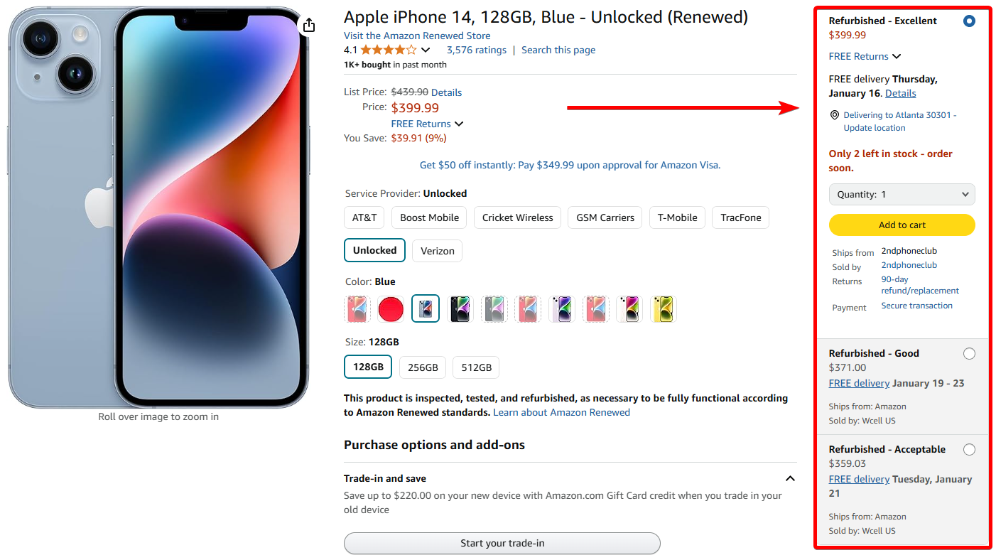 Screenshot of an Amazon listing for a refurbished grade blue Apple iPhone 14, 128GB, showing a price of $399.99, with discounts, free delivery options, and various purchase choices highlighted.