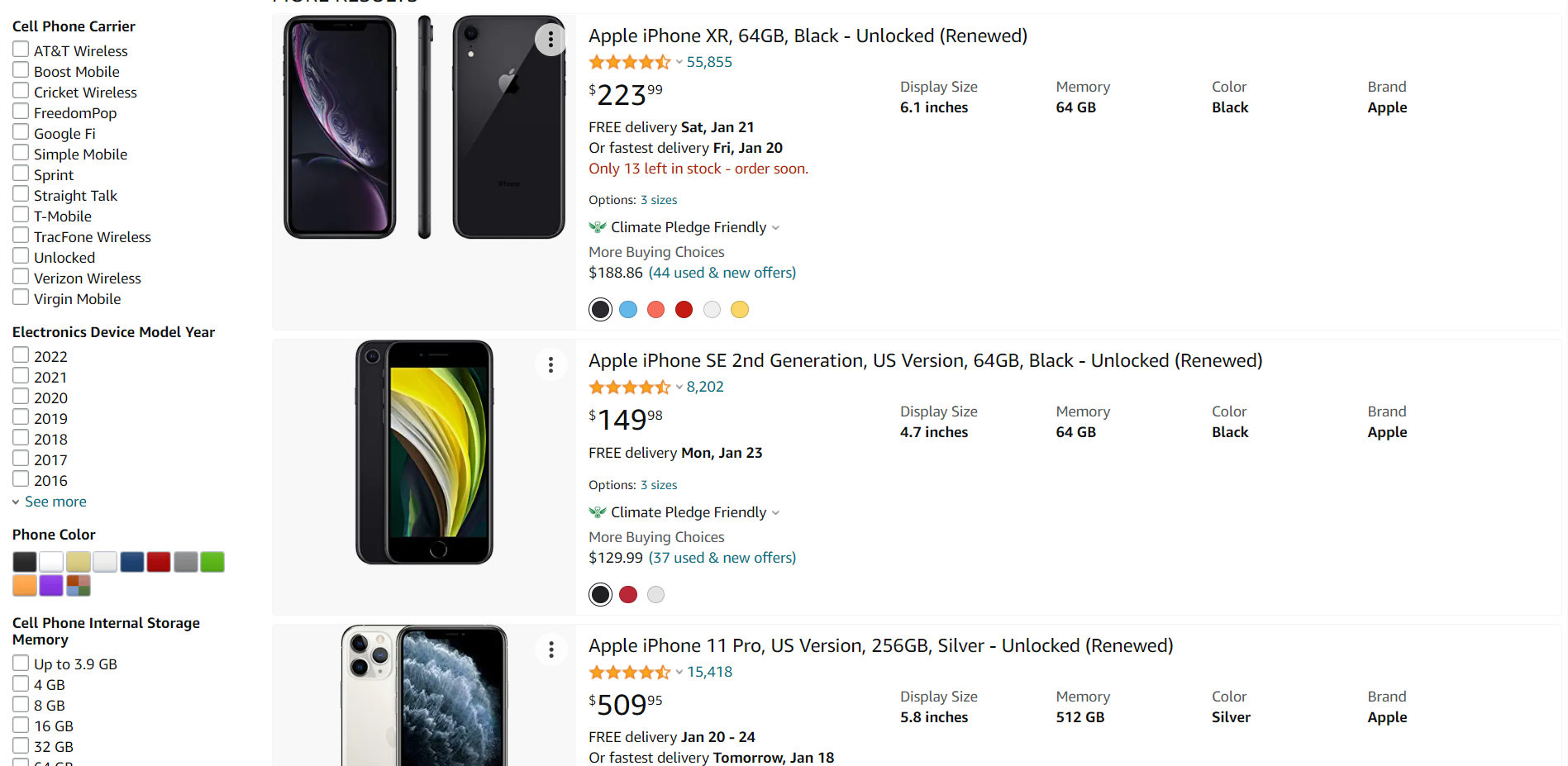Screenshot of Amazon Renewed with iPhones