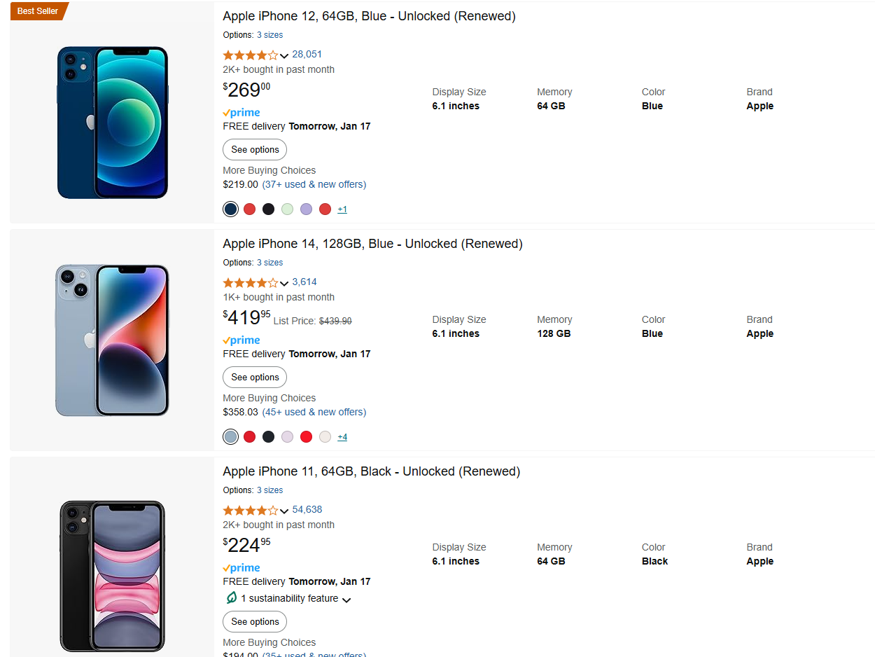 Screenshot of the Amazon Renewed store with refurbished iPhones