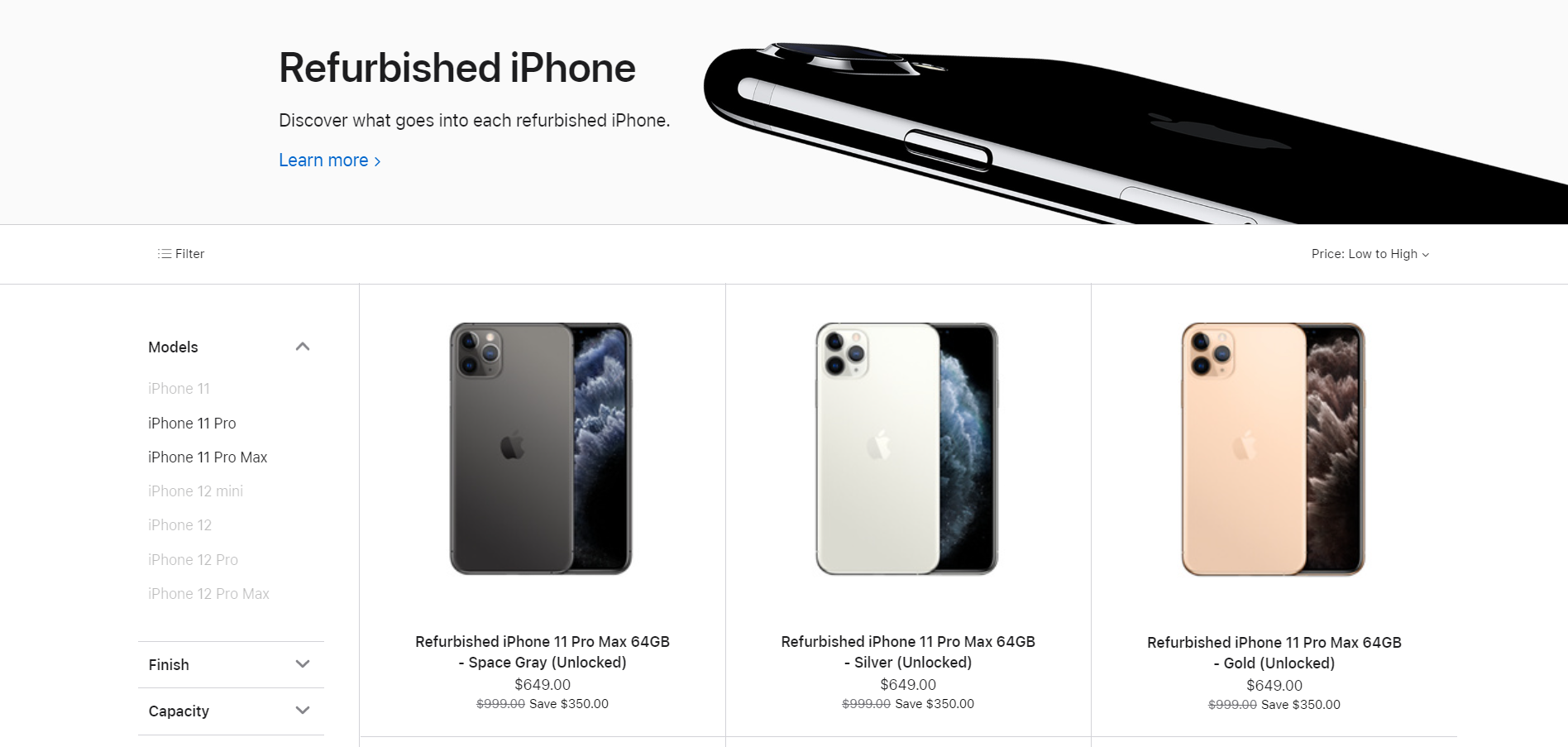 Screenshot of Apple Certified Refurbished store with iPhones