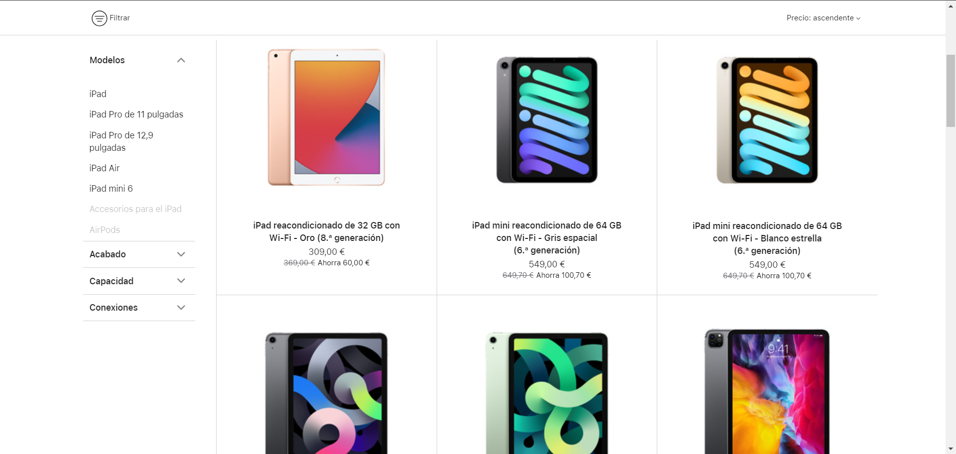 Captura de pantalla de Apple Store con catálogo de iPads reacondicionados