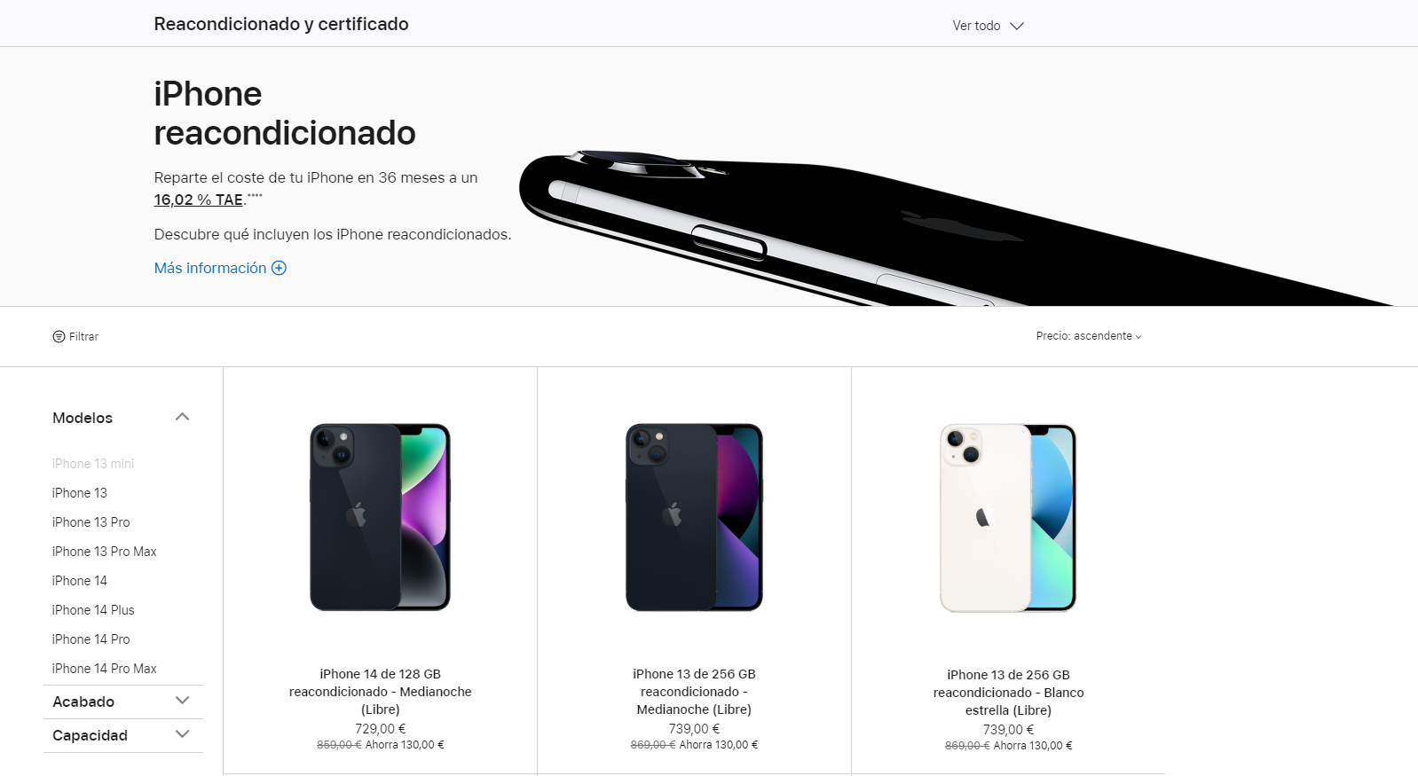 Captura de pantalla de iPhones reacondicionados en Apple Store