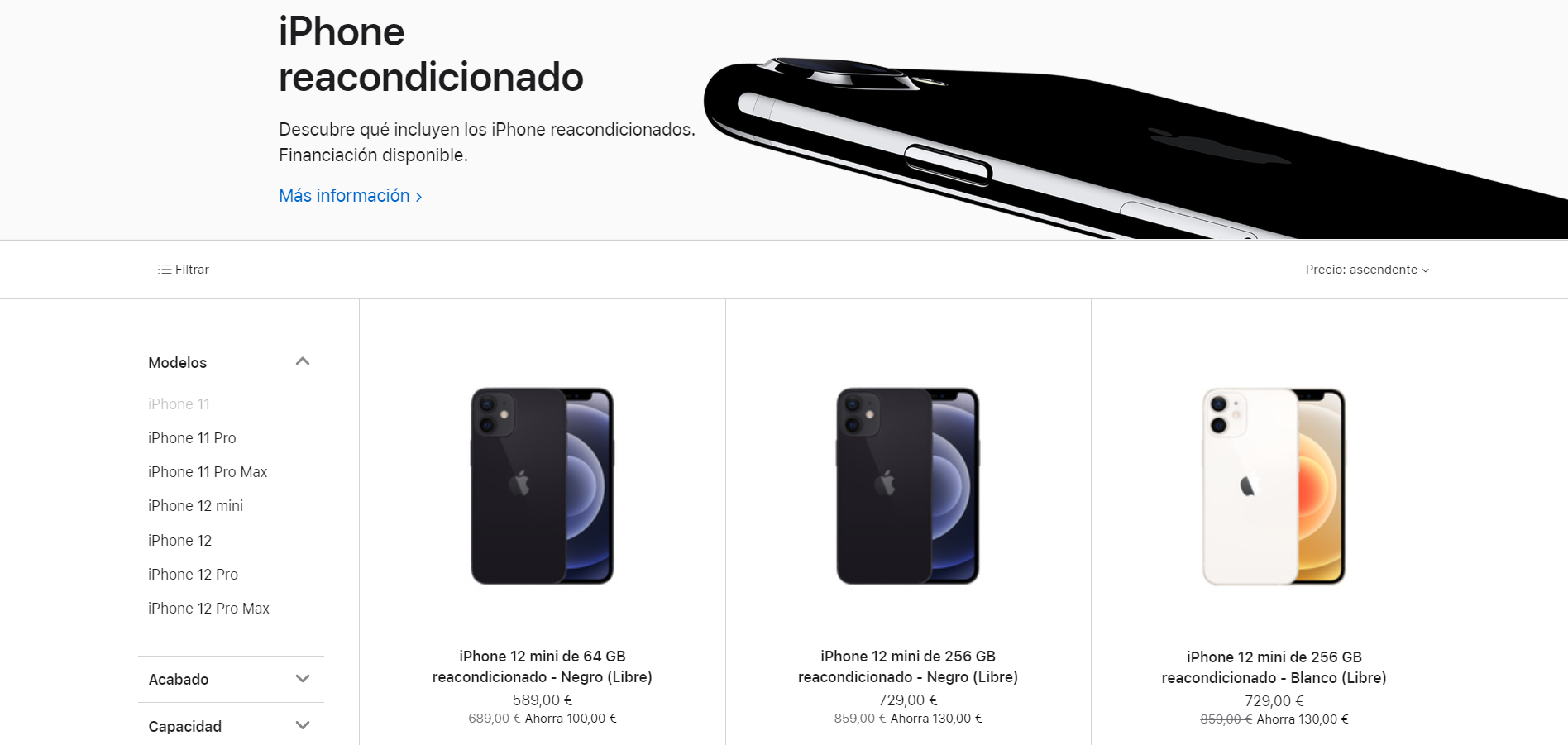 Captura de pantalla de iPhones reacondicionados en Apple Store