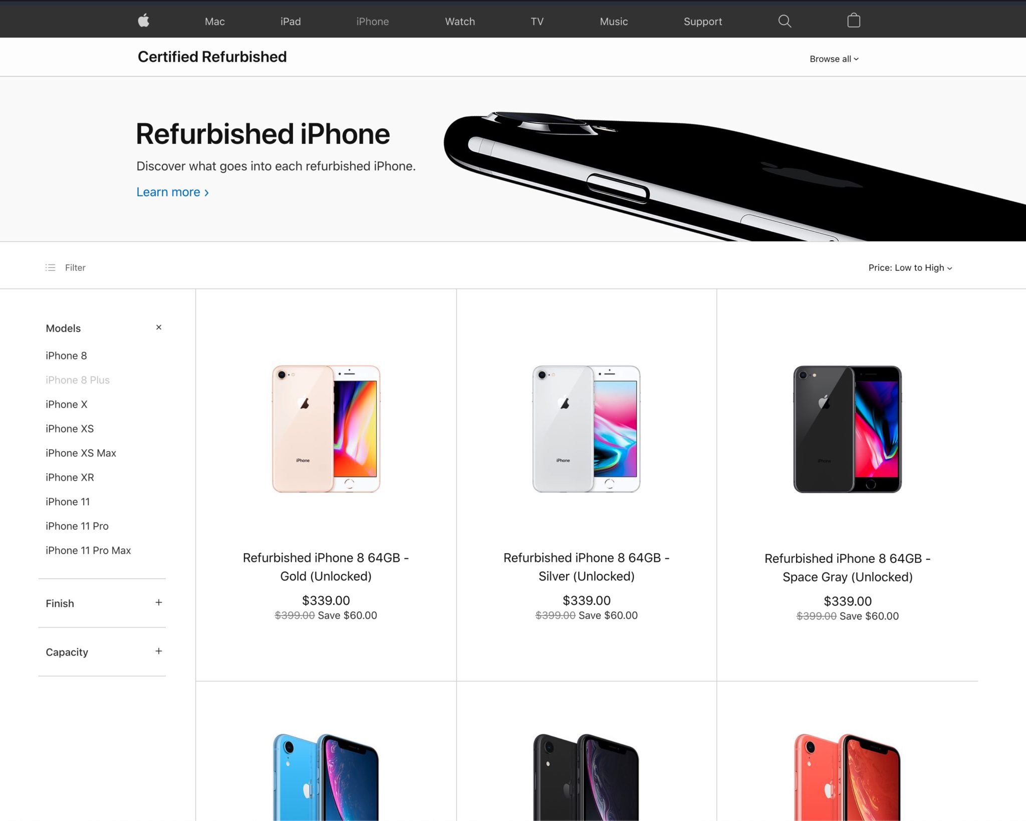 Apple Certified Store screenshot with refurbished iPhones