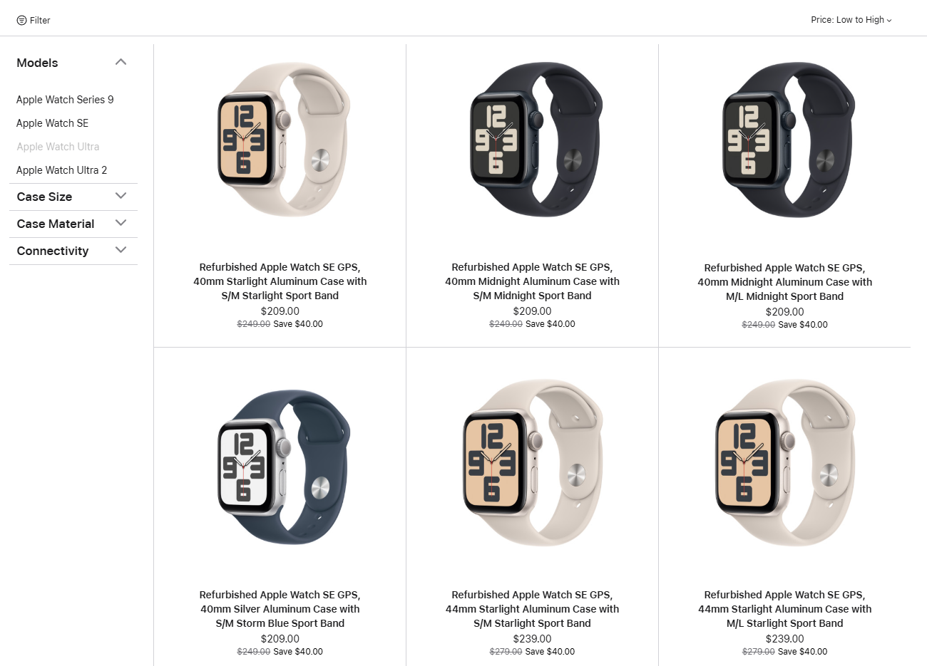 Screenshot of refurbished Apple Watches on the Apple Store