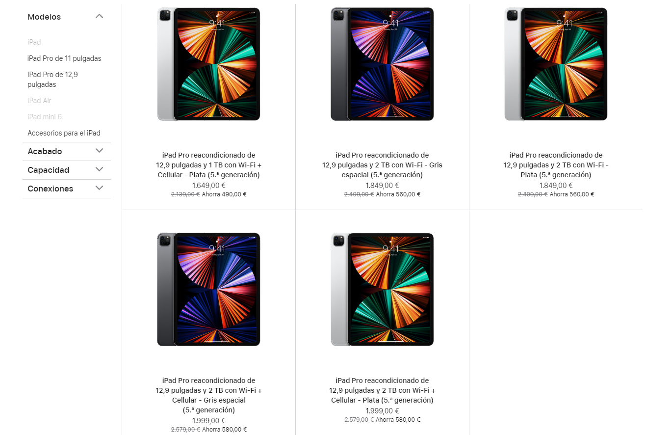 Captura de pantalla de Apple Store con catálogo de iPads reacondicionados