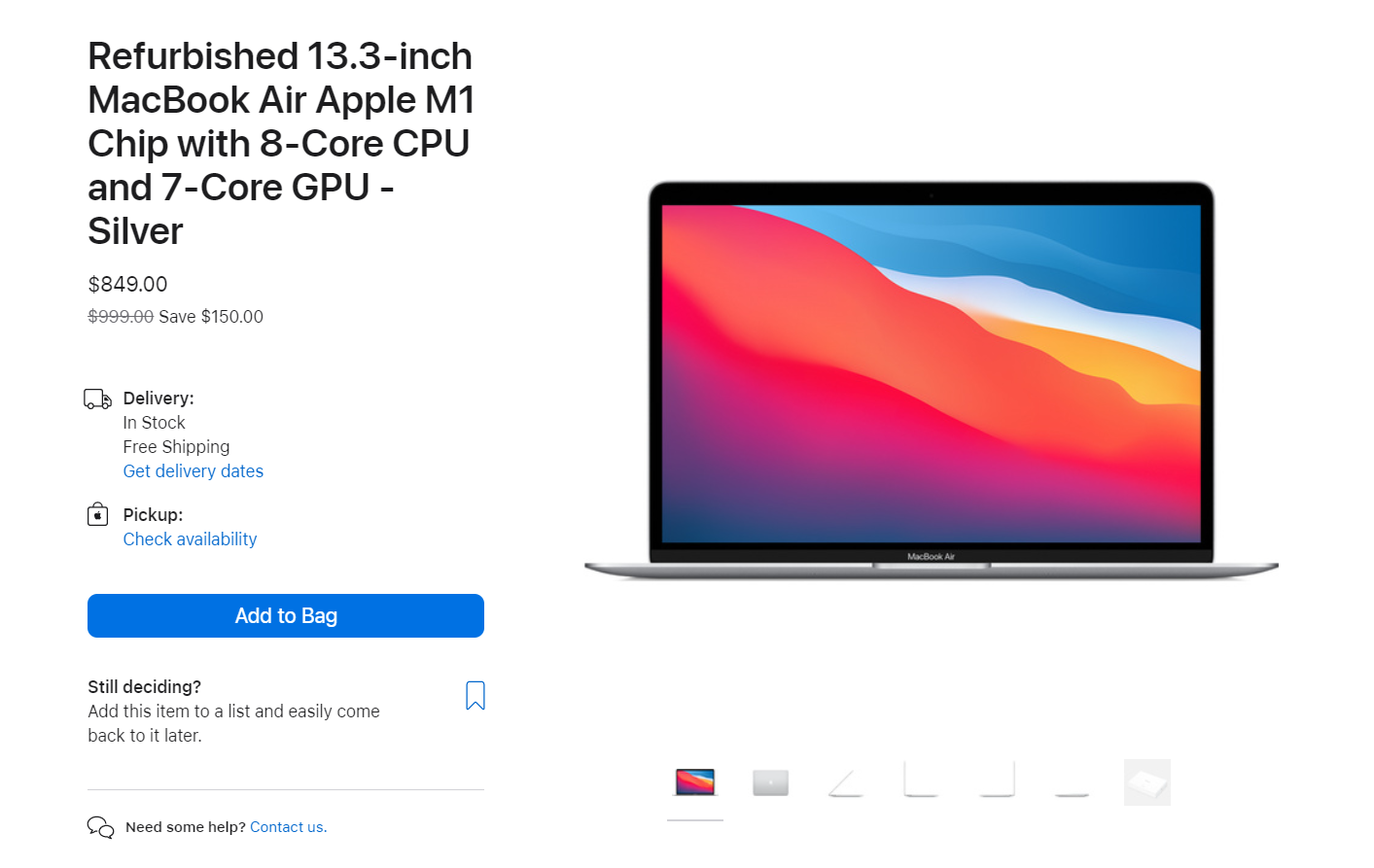Screenshot of a refurbished MacBook Air M1 deal in the Apple Store