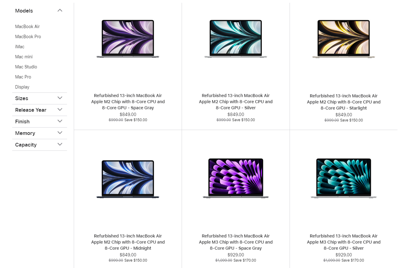 Refurbished MacBook Air models on the Apple Store