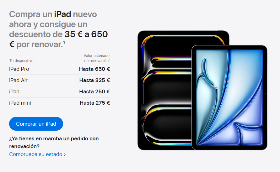 Imagen que muestra una promoción de descuentos por canje de iPad desde 35 € hasta 650 €, junto con imágenes de varios modelos de iPad y un botón Comprar un iPad.