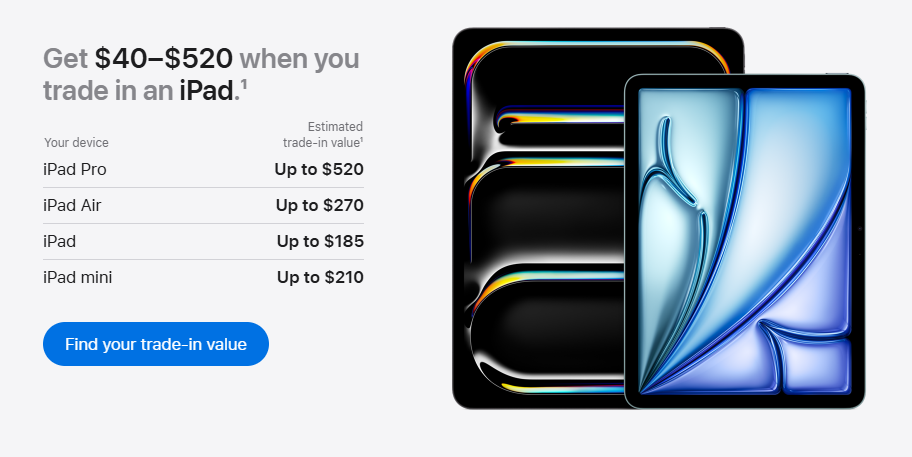 Trade-in promotion banner for iPad. Two iPads with estimated trade-in values—iPad Pro up to $520, iPad Air up to $270, iPad up to $185, and iPad mini up to $210.