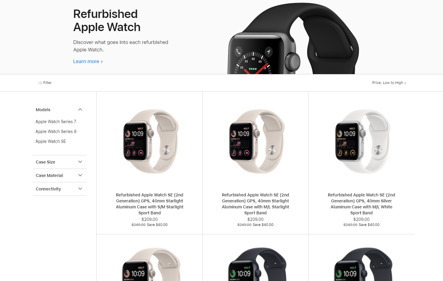 Screenshot of refurbished Apple Watches on the Apple Store