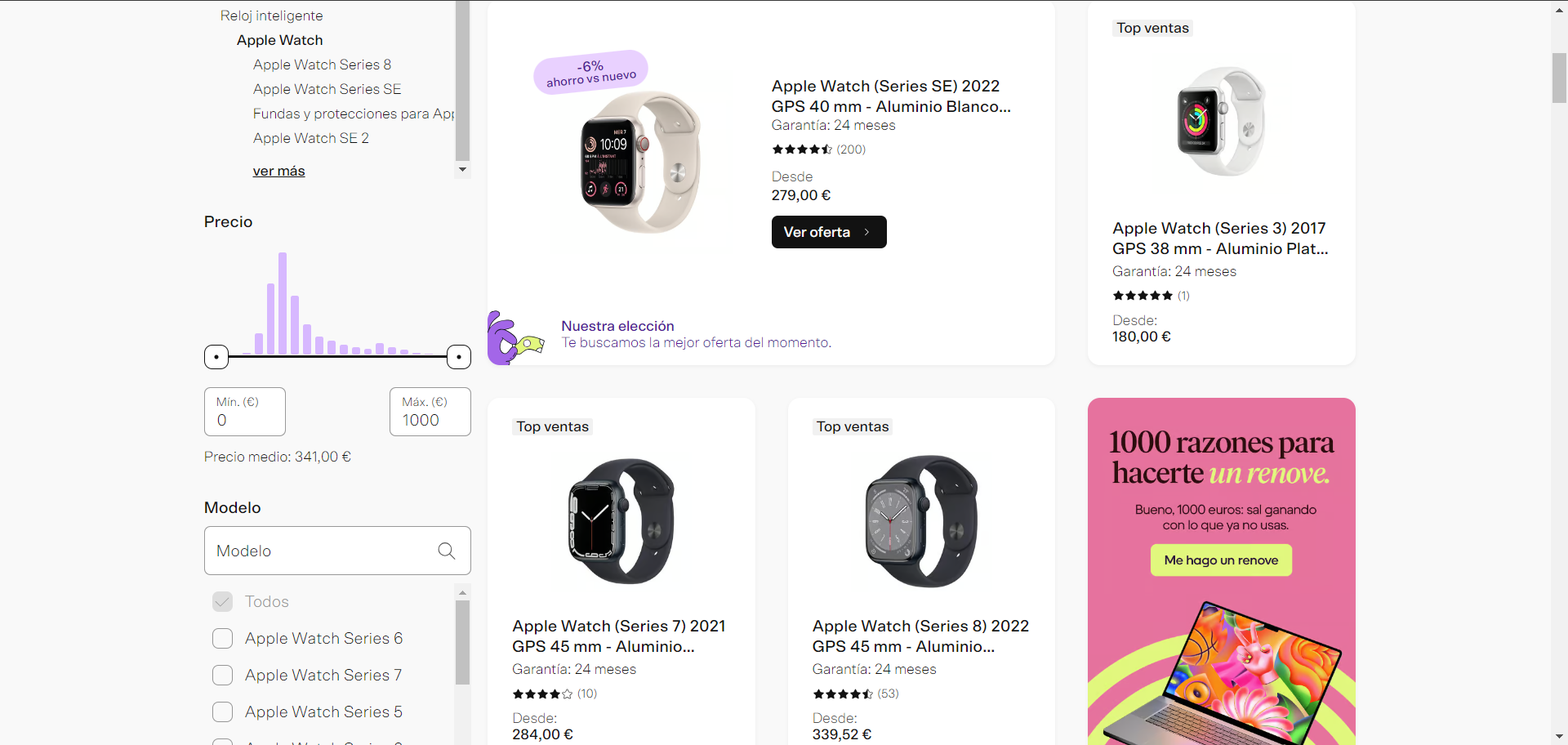 Captura de pantalla de Back Market con Apple Watches reacondicionados