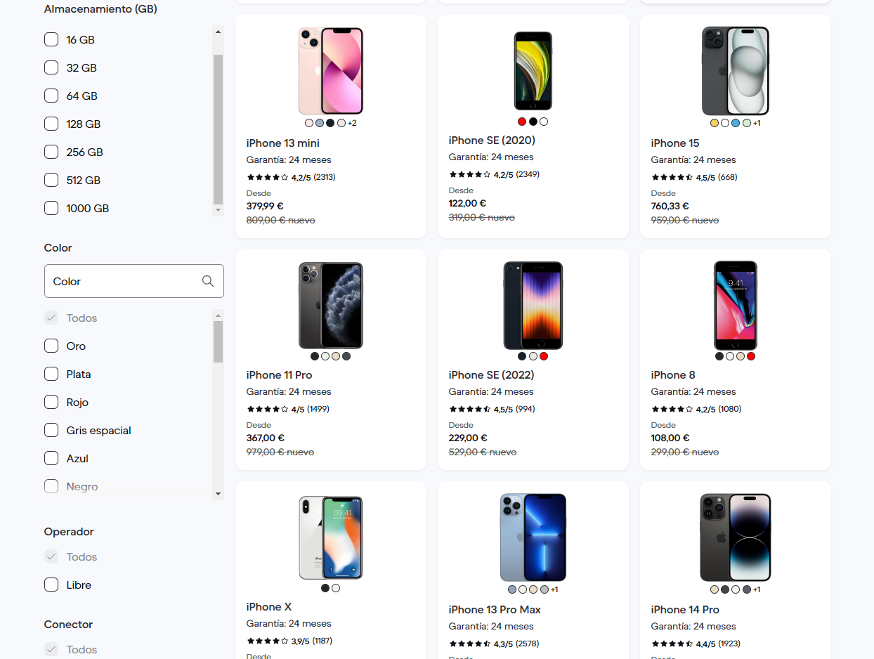 Captura de pantalla de Back Market con iPhones reacondicionados