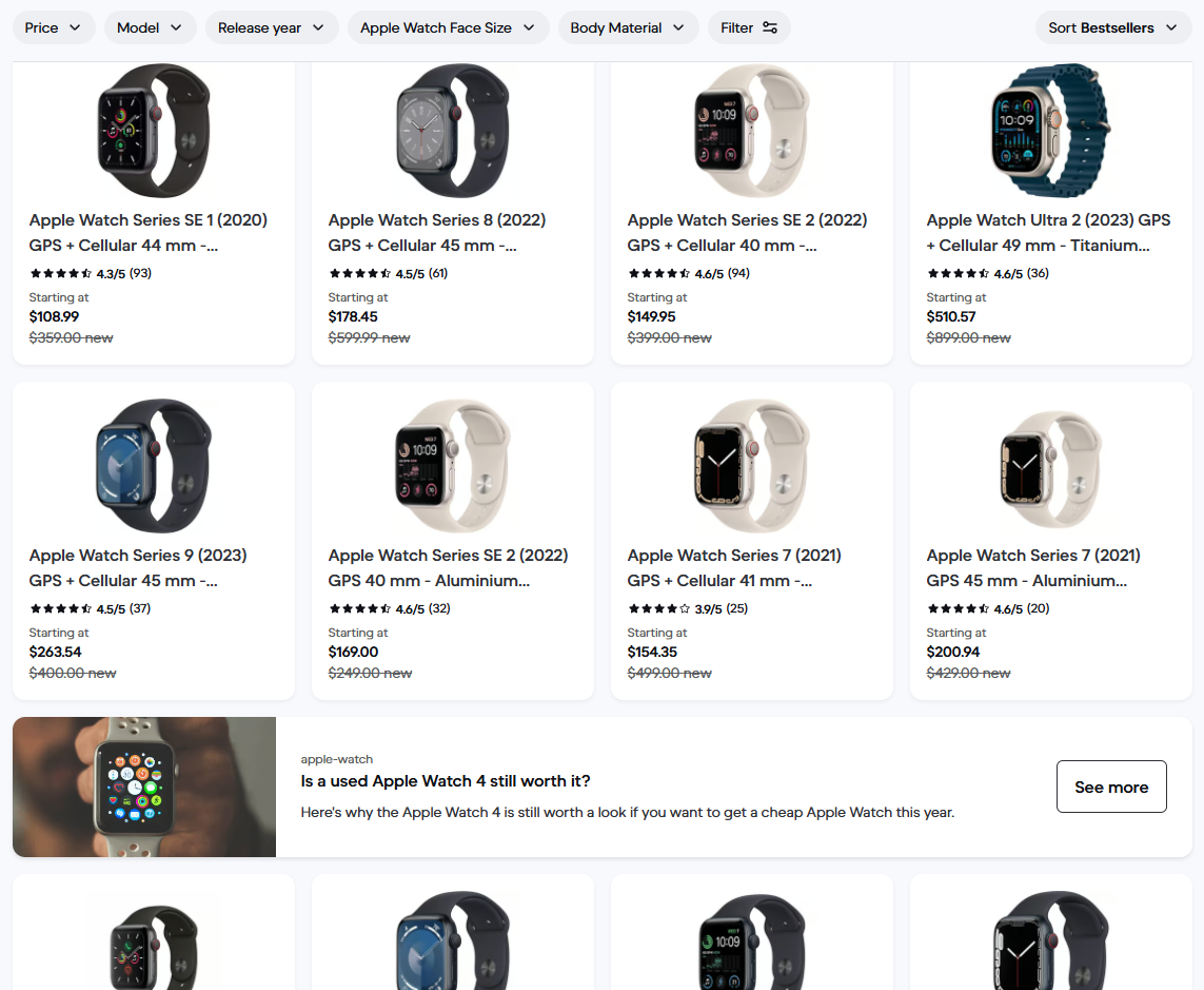 Screenshot of refurbished Apple Watches on Back Market