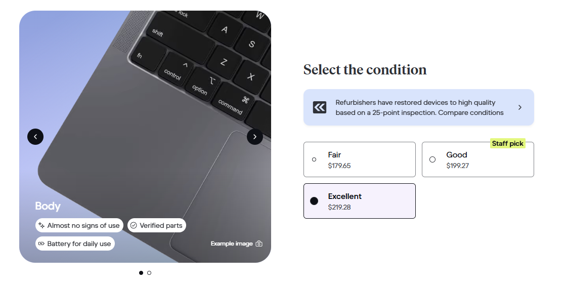 A laptop keyboard and touchpad appear on the left, while a refurbished grade selection interface on the right displays options for Fair, Good, and Excellent with prices. The Excellent grade is selected.