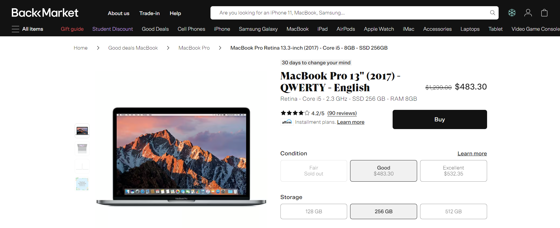 Screenshot of a refurbished MacBook Pro deal in Back Market
