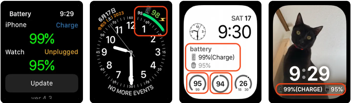 Captura de pantalla de la app BatteryPhone en Apple Watch con complicaciones