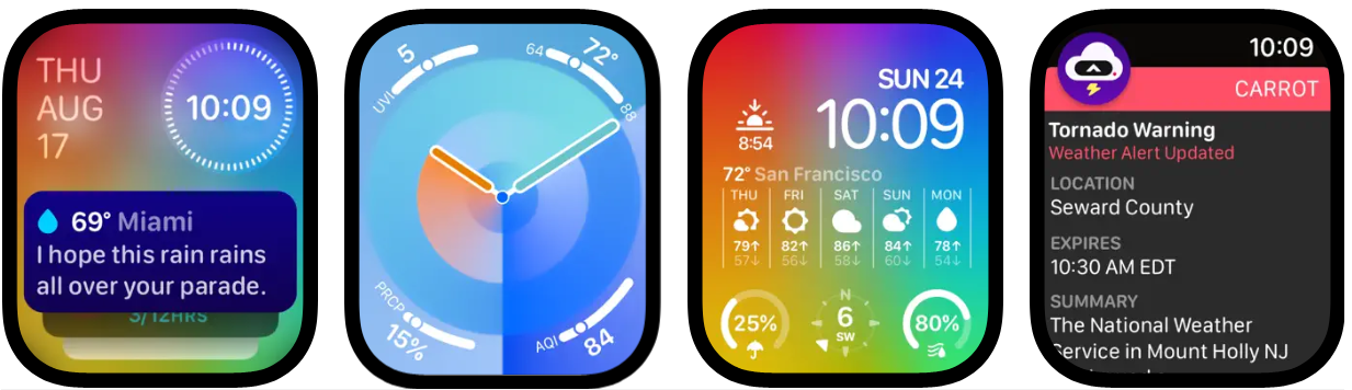 Captura de pantalla de la app CARROT Weather en Apple Watch con complicaciones