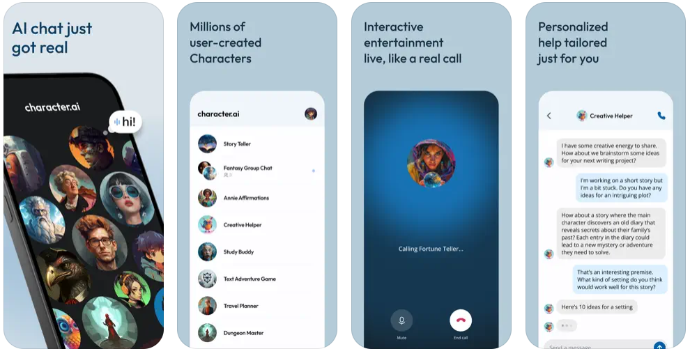 Capturas de pantalla de la aplicación Character AI para iPhone