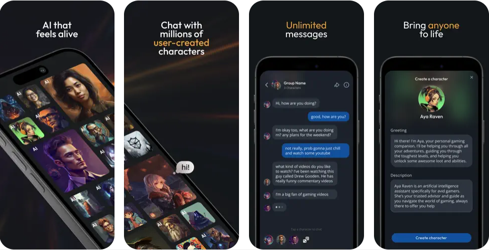 Capturas de pantalla de la aplicación Character AI para iPhone