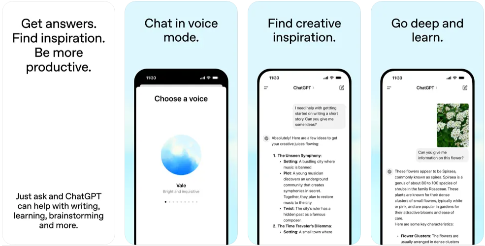 Capturas de pantalla de la aplicación ChatGPT para iPhone