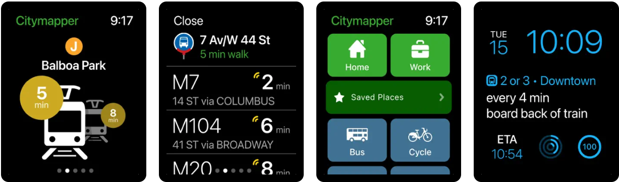 Captura de pantalla de la app Citymapper en Apple Watch con complicaciones