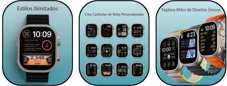 Capturas de pantalla de la app Clockology para Apple Watch