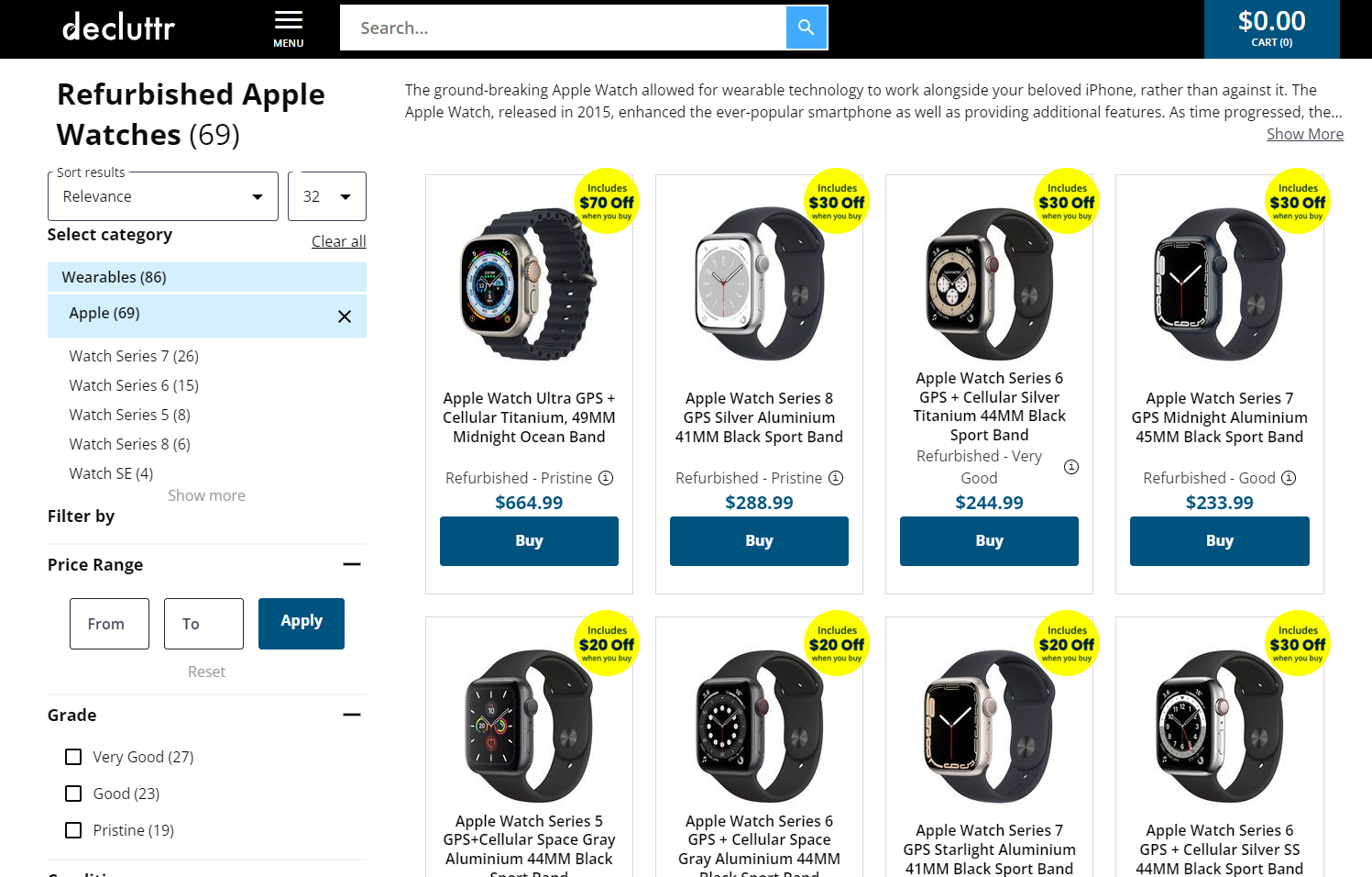 Screenshot of refurbished Apple Watches on Decluttr
