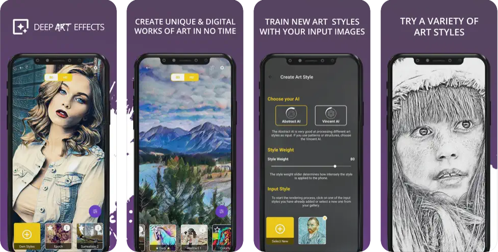 Capturas de pantalla de la aplicación DeepArtEffects para iPhone