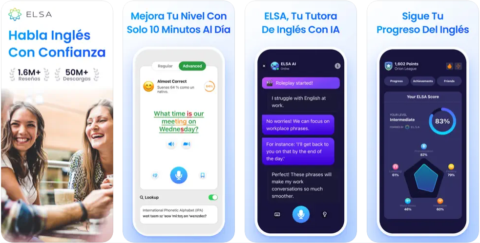 Capturas de pantalla de la aplicación ELSA English para iPhone