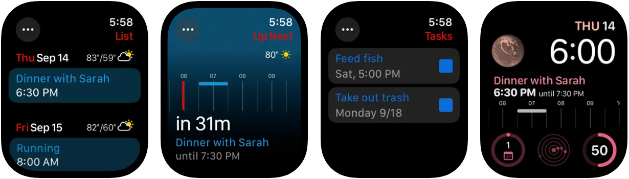 Captura de pantalla de la app Fantastical Calendar en Apple Watch con complicaciones
