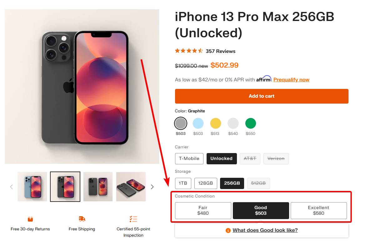 IPhone 13 Pro Max in Graphite, 256GB storage, available in different refurbished grades with competitive pricing on Gazelle.