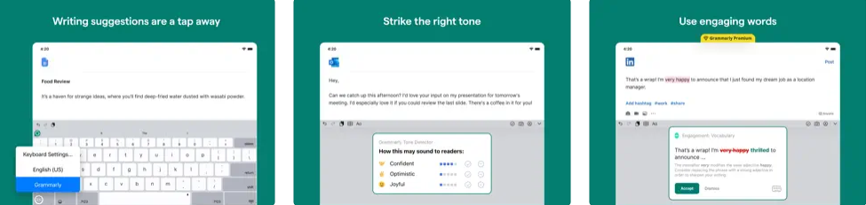 Grammarly app for iPad screenshots