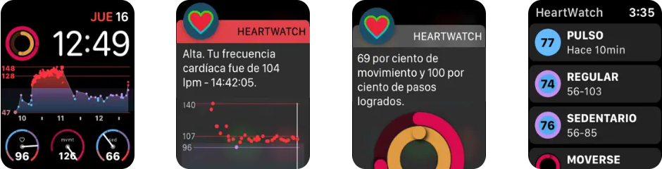 Captura de pantalla de la app HeartWatch en Apple Watch con complicaciones