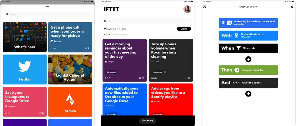 Capturas de pantalla de la app IFTTT para iPad