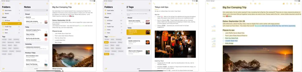 Apple Notes app for iPad screenshots