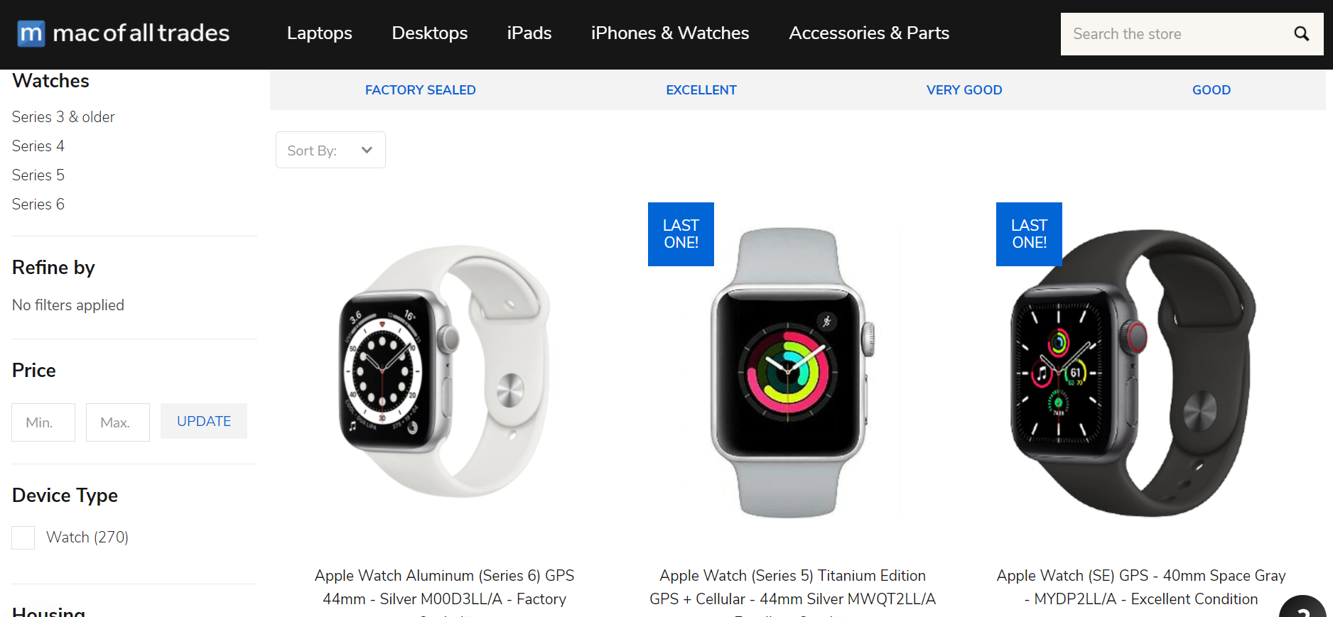 Screenshot of refurbished Apple Watches on Mac of All Trades