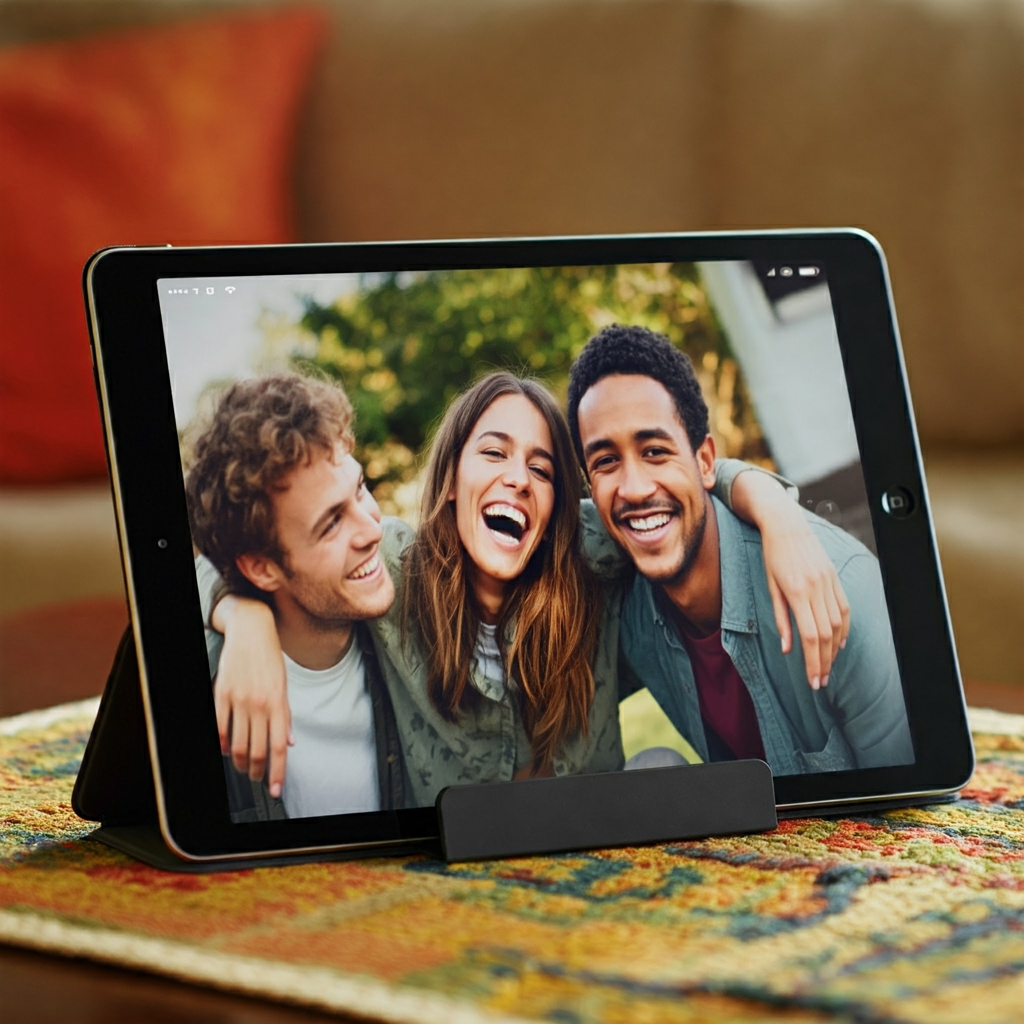 Sobre una mesa, un viejo iPad muestra una foto de tres personas sonriendo y posando muy juntas al aire libre.