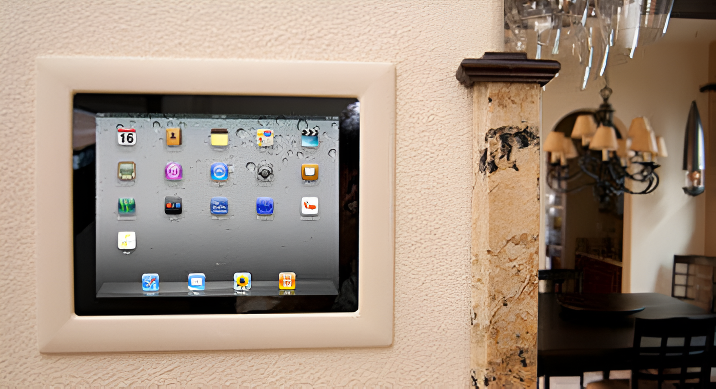 A repurposed old iPad is mounted in a wall, elegantly displaying various app icons within a stylish home interior, offering a glimpse of a chandelier and dining area.