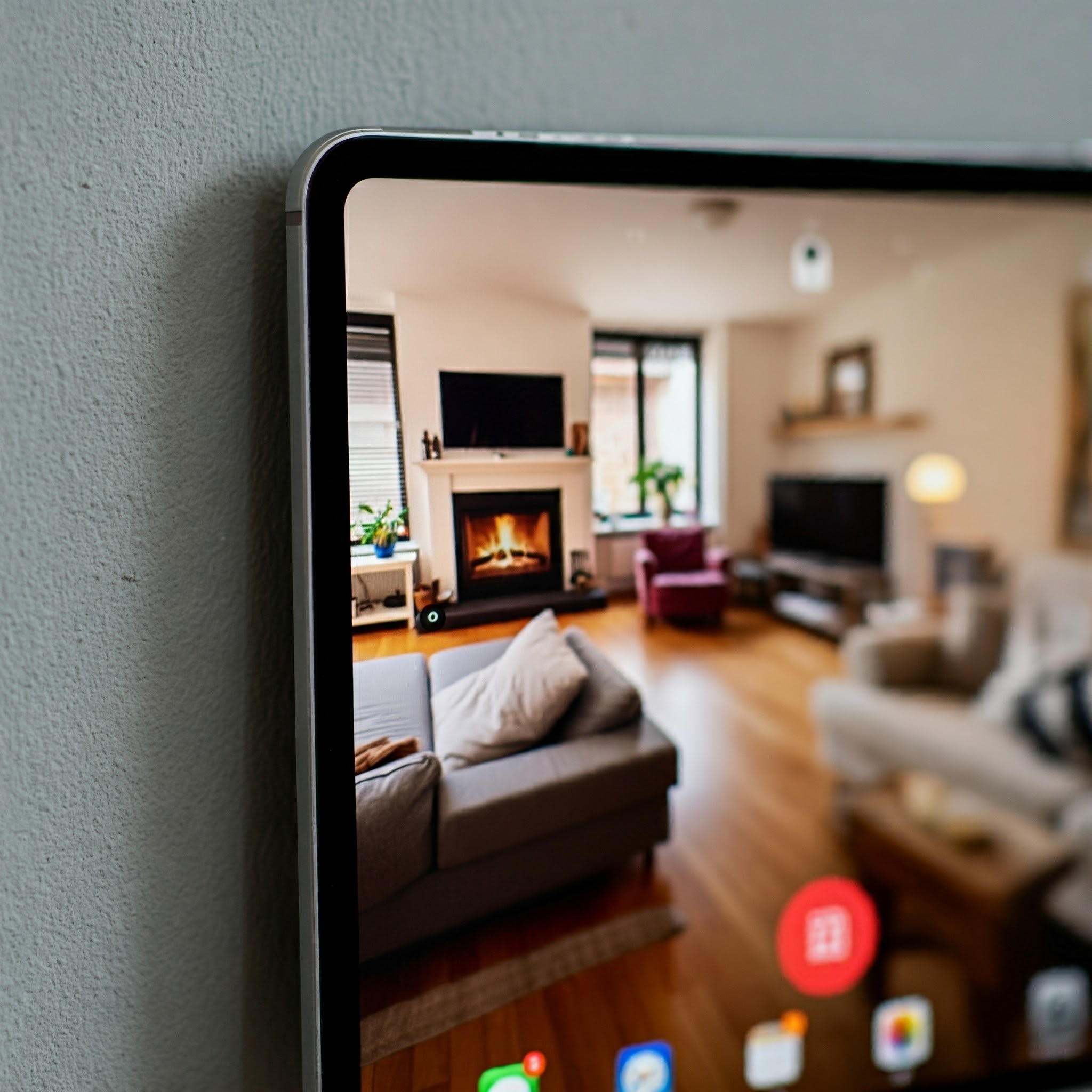 A close-up of an old iPad's home screen displays a cozy living room with a fireplace, sofa, and armchair.