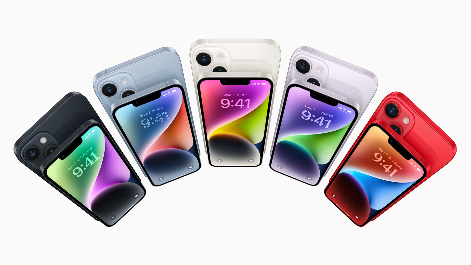 iPhone 14 colors: Midnight, Blue, Starlight, Purple, (PRODUCT)RED