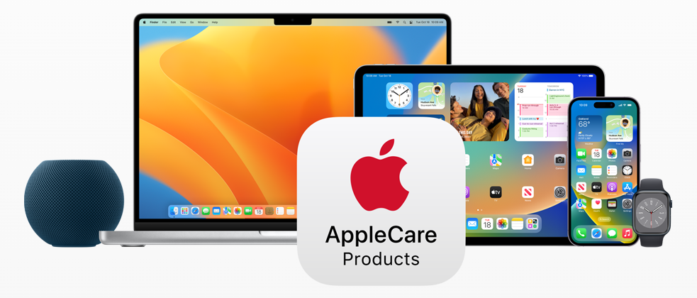 Logo of AppleCare with Apple products in the background