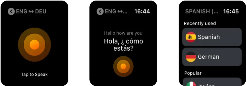 Captura de pantalla de la app iTranslate Converse en Apple Watch