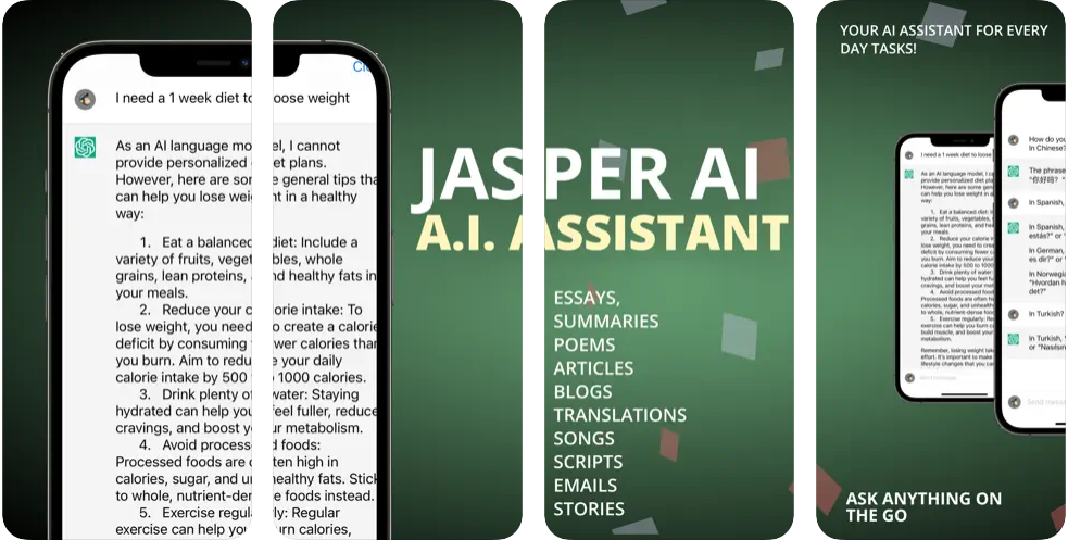 Capturas de pantalla de la aplicación Jasper AI para iPhone