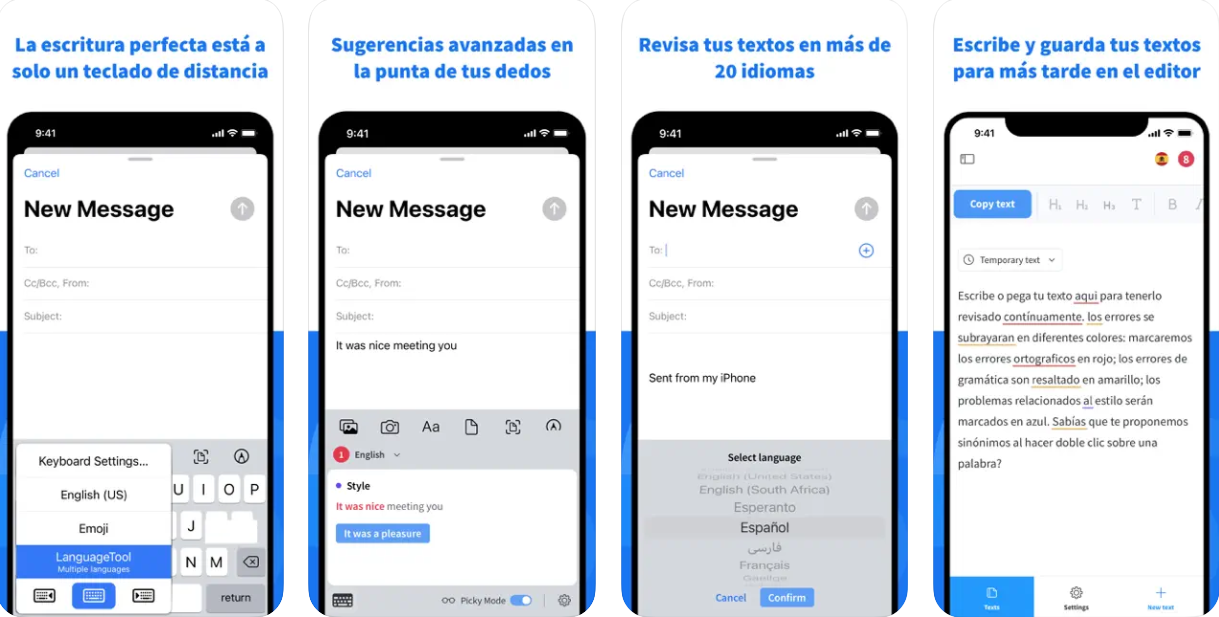 Capturas de pantalla de la aplicación LanguageTool para iPhone