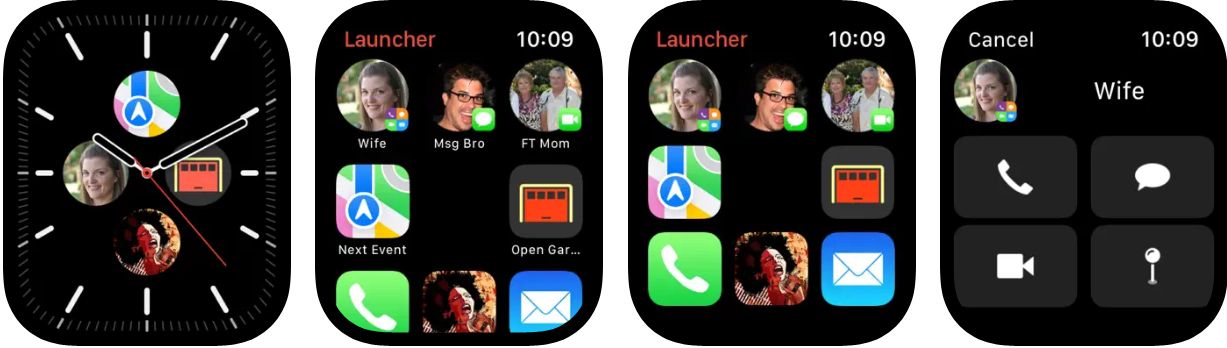 Captura de pantalla de la app Launcher en Apple Watch con complicaciones